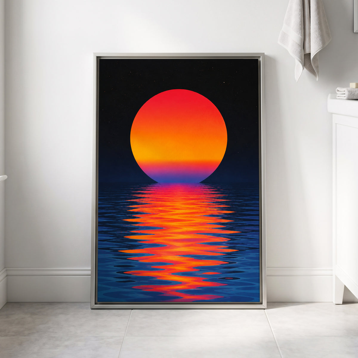 Ember Tide, black, blue, orange nature wall art displayed in a styled interior, gallery view 4