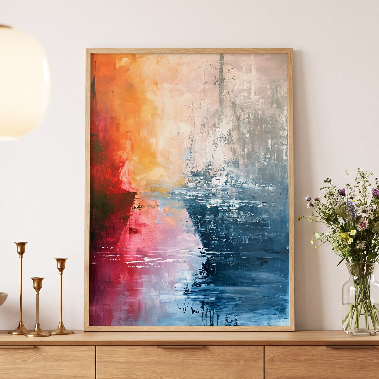 Ember Tide, blue, orange, pink abstract wall art displayed in a styled interior, gallery view 5