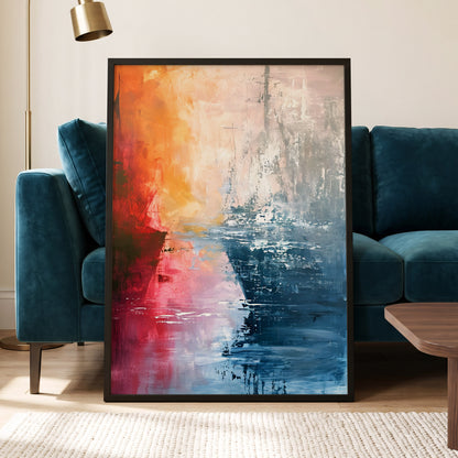 Ember Tide, blue, orange, pink abstract wall art displayed in a styled interior, gallery view 6