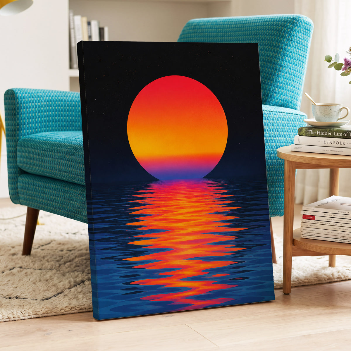 Ember Tide, black, blue, orange nature wall art displayed in a styled interior, gallery view 7