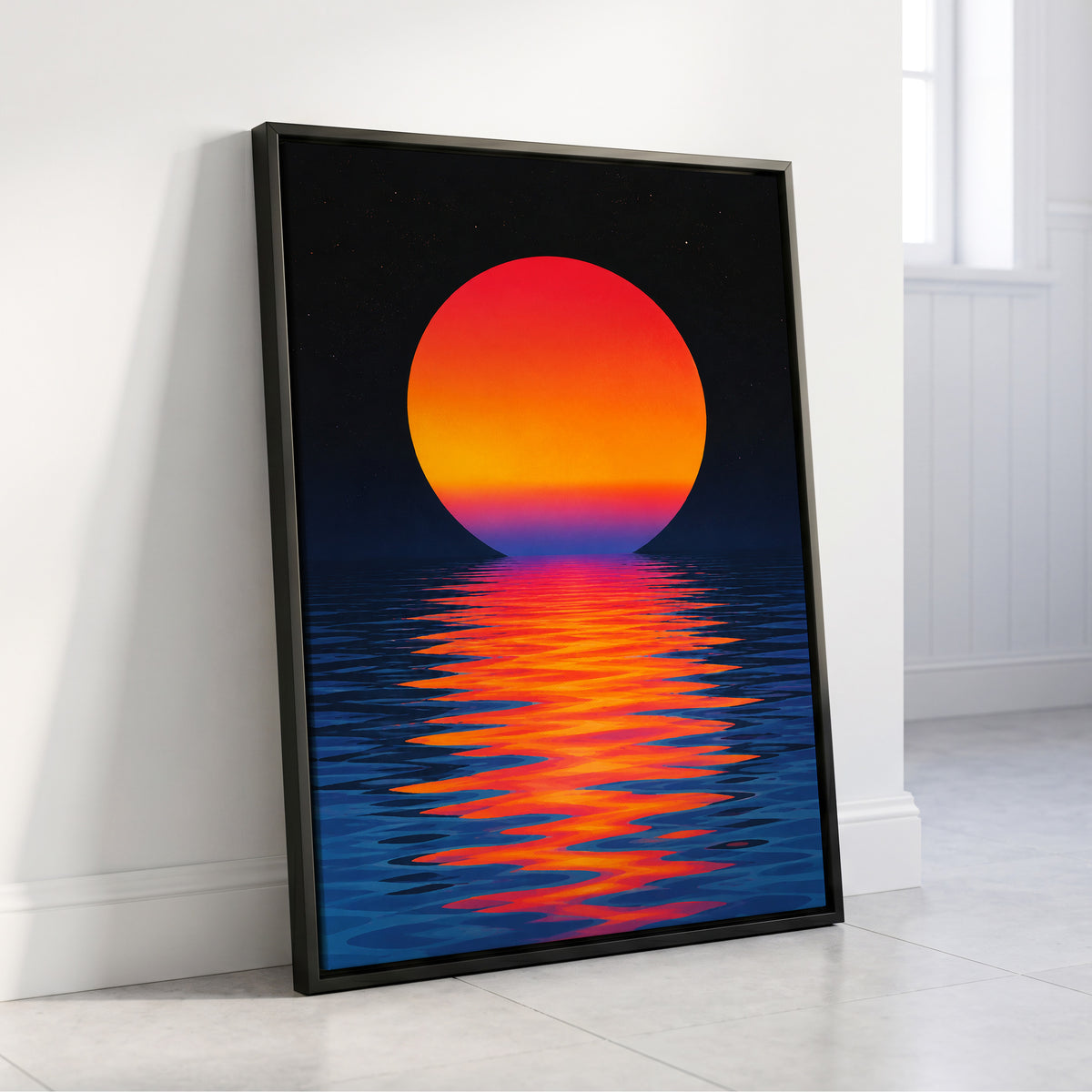 Ember Tide, black, blue, orange nature wall art displayed in a styled interior, gallery view 8