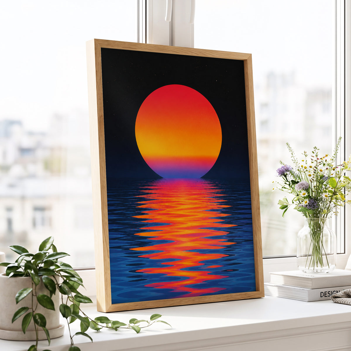 Ember Tide, black, blue, orange nature wall art displayed in a styled interior, gallery view 9