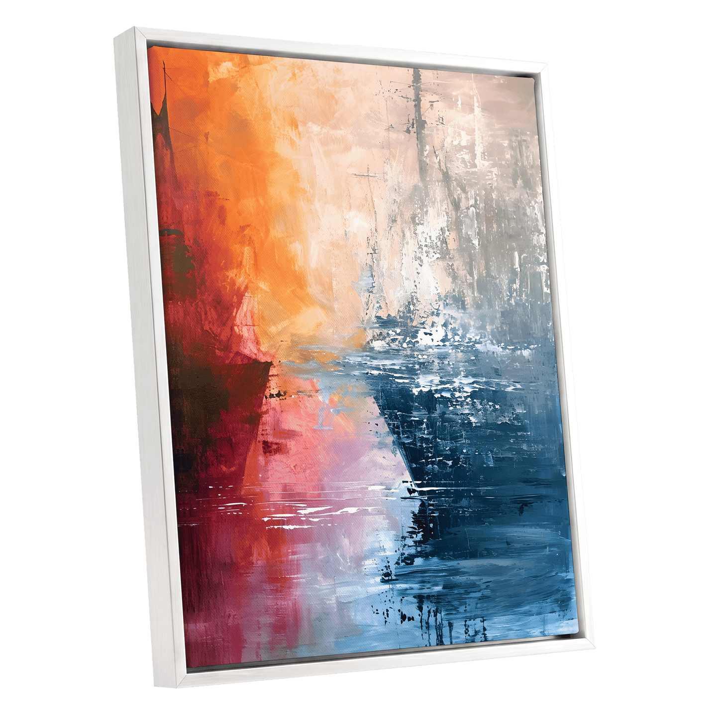 Ember Tide, blue, orange, pink abstract wall art shown as a white framed canvas wall art