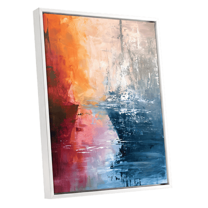 Ember Tide, blue, orange, pink abstract wall art shown as a white framed canvas wall art