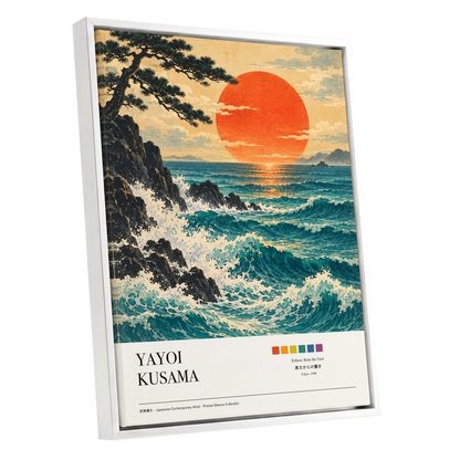 Ember Tide, blue, orange, beige nature wall art shown as a white framed canvas wall art