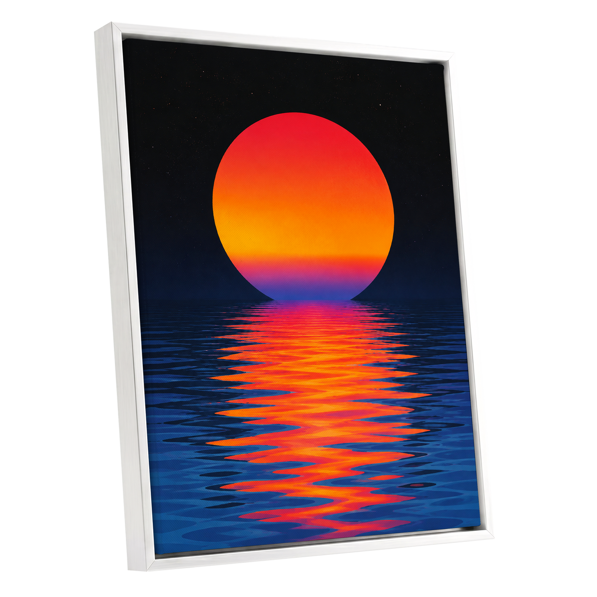 Ember Tide, black, blue, orange nature wall art shown as a white framed canvas wall art