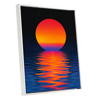 Ember Tide, black, blue, orange nature wall art shown as a white framed canvas wall art
