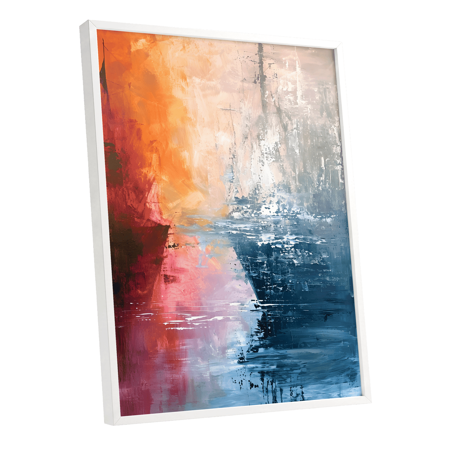 Ember Tide, blue, orange, pink abstract wall art shown as a white framed poster wall art print