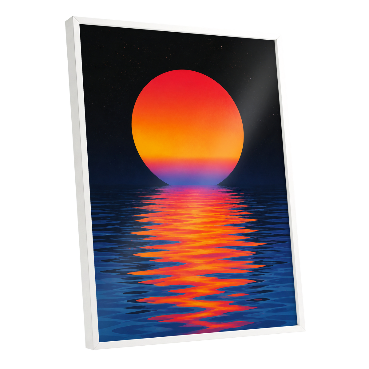 Ember Tide, black, blue, orange nature wall art shown as a white framed poster wall art print