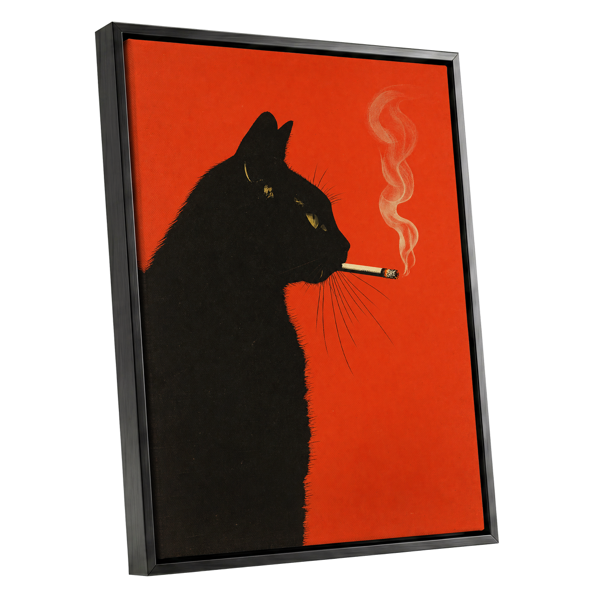 Ember Whiskers, black, orange, beige minimalist wall art shown as a black framed canvas wall art