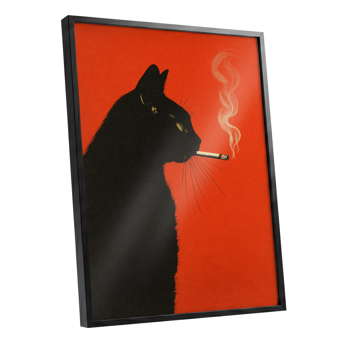 Ember Whiskers, black, orange, beige minimalist wall art shown as a black framed poster wall art print