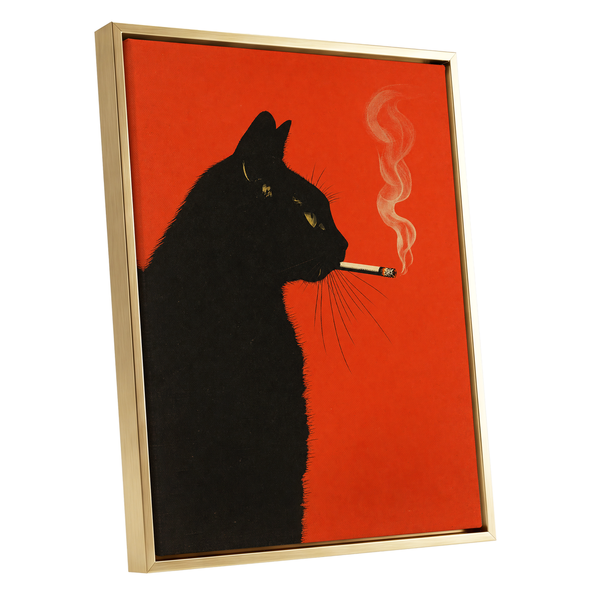 Ember Whiskers, black, orange, beige minimalist wall art shown as a gold framed canvas wall art