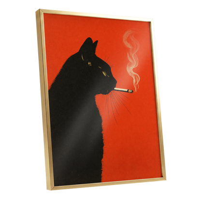 Ember Whiskers, black, orange, beige minimalist wall art shown as a gold framed poster wall art print