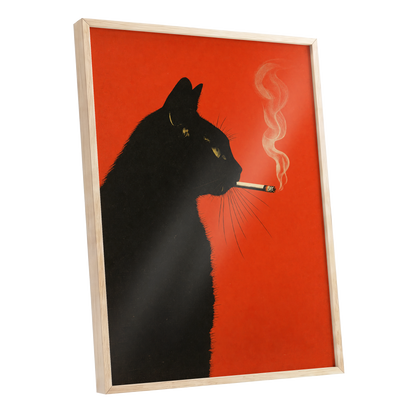 Ember Whiskers, black, orange, beige minimalist wall art shown as a oak framed poster wall art print