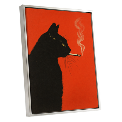 Ember Whiskers, black, orange, beige minimalist wall art shown as a silver framed canvas wall art