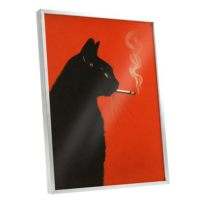 Ember Whiskers, black, orange, beige minimalist wall art shown as a silver framed poster wall art print