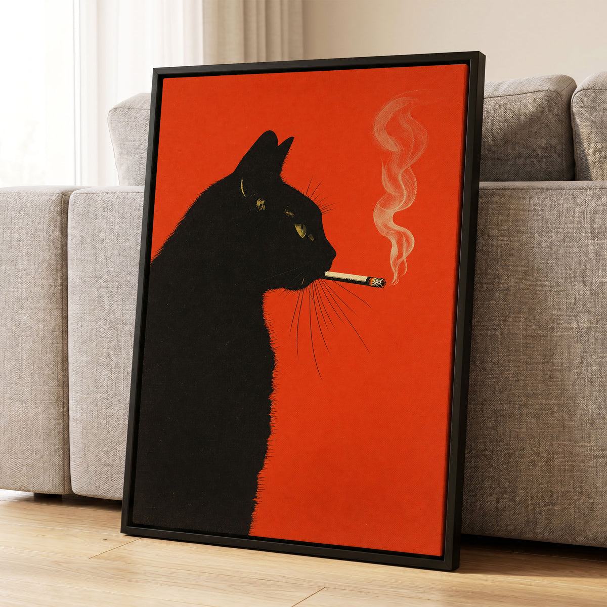 Ember Whiskers, black, orange, beige minimalist wall art displayed in a styled interior, gallery view 4