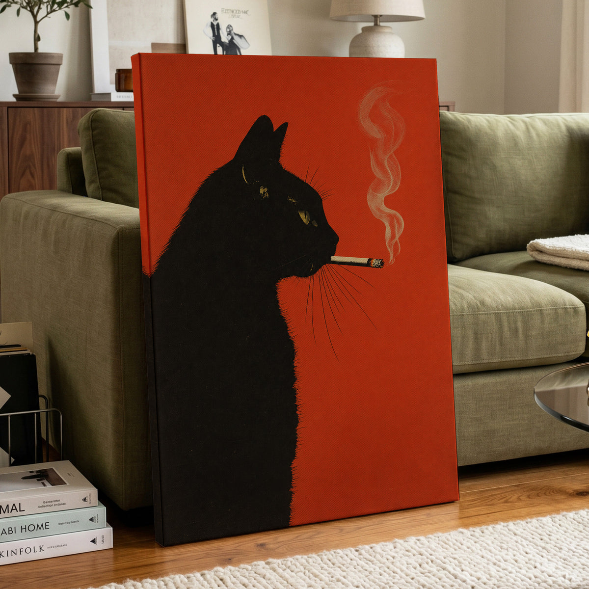Ember Whiskers, black, orange, beige minimalist wall art displayed in a styled interior, gallery view 7