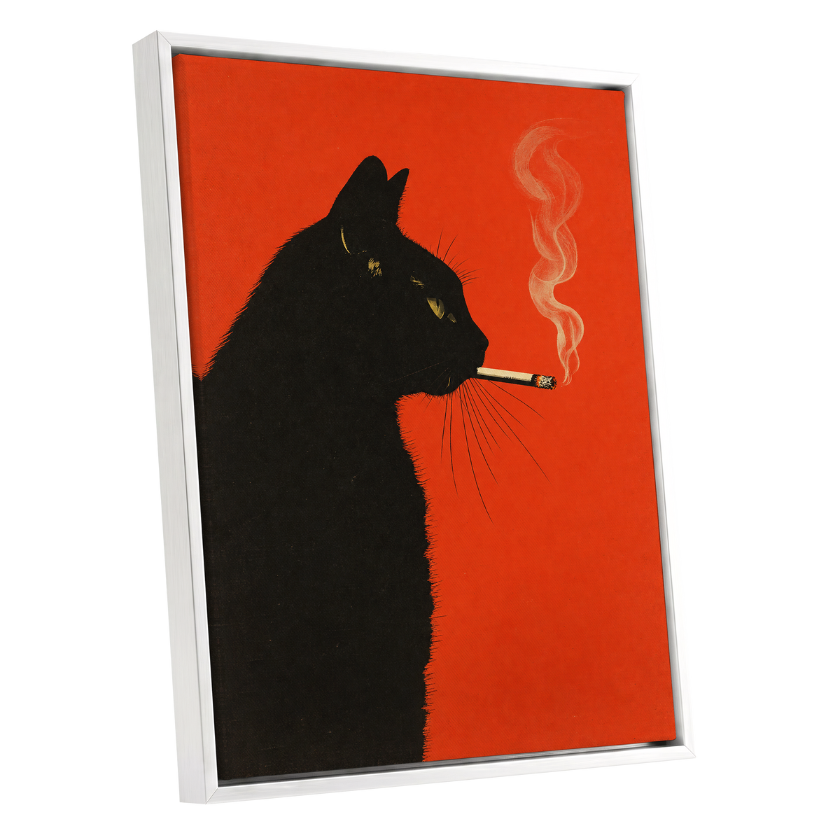 Ember Whiskers, black, orange, beige minimalist wall art shown as a white framed canvas wall art