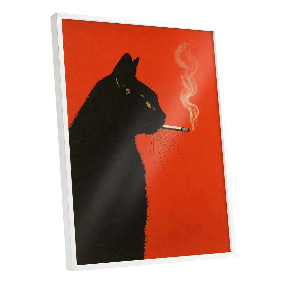 Ember Whiskers, black, orange, beige minimalist wall art shown as a white framed poster wall art print