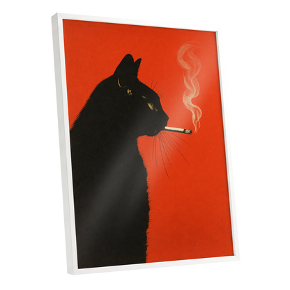 Ember Whiskers, black, orange, beige minimalist wall art shown as a white framed poster wall art print