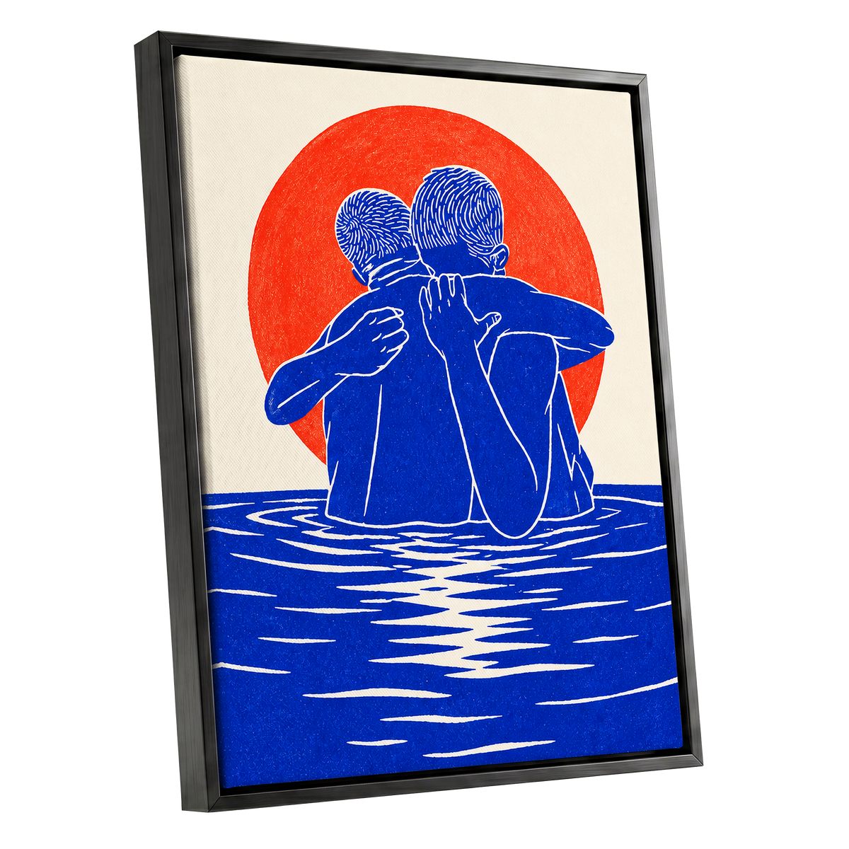 Embrace in Blue, blue, red, beige minimalist wall art shown as a black framed canvas wall art