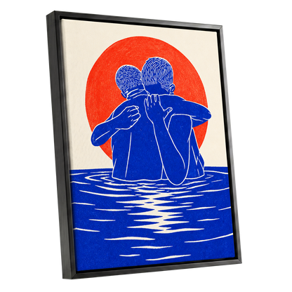 Embrace in Blue, blue, red, beige minimalist wall art shown as a black framed canvas wall art
