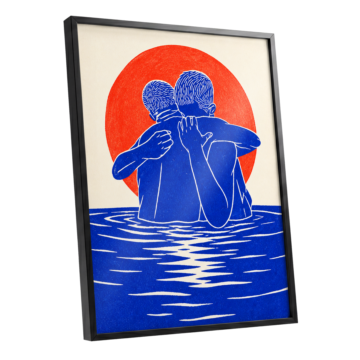 Embrace in Blue, blue, red, beige minimalist wall art shown as a black framed poster wall art print