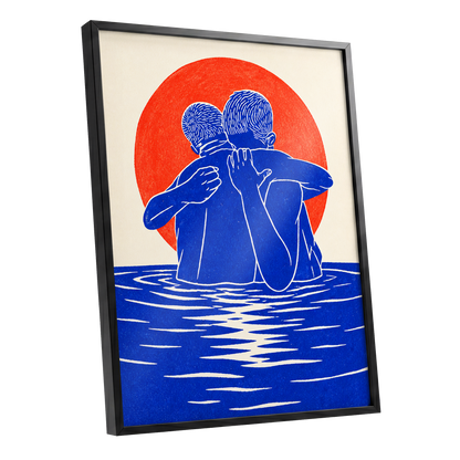 Embrace in Blue, blue, red, beige minimalist wall art shown as a black framed poster wall art print