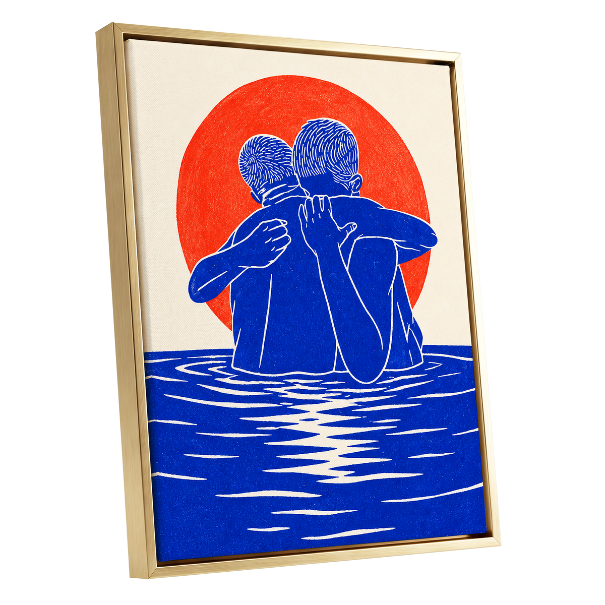 Embrace in Blue, blue, red, beige minimalist wall art shown as a gold framed canvas wall art