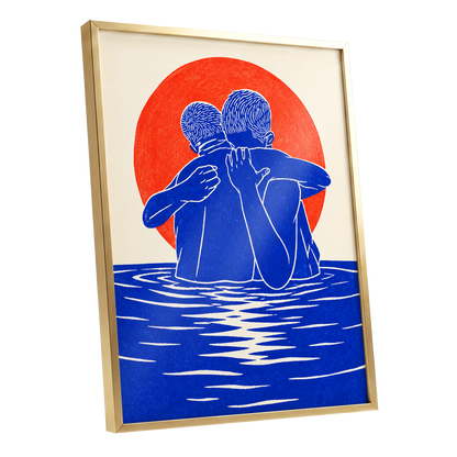 Embrace in Blue, blue, red, beige minimalist wall art shown as a gold framed poster wall art print