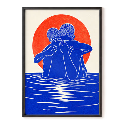Embrace in Blue, blue, red, beige minimalist wall art, front artwork view