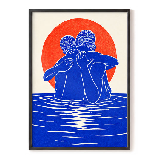 Embrace in Blue, blue, red, beige minimalist wall art, front artwork view
