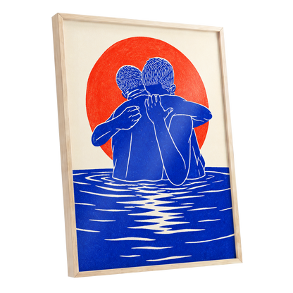 Embrace in Blue, blue, red, beige minimalist wall art shown as a oak framed poster wall art print