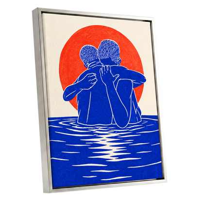 Embrace in Blue, blue, red, beige minimalist wall art shown as a silver framed canvas wall art