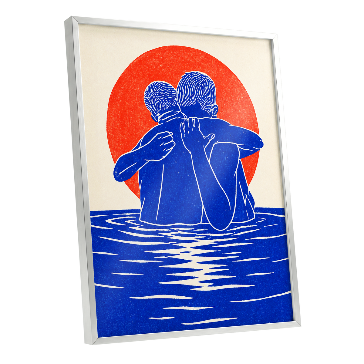 Embrace in Blue, blue, red, beige minimalist wall art shown as a silver framed poster wall art print