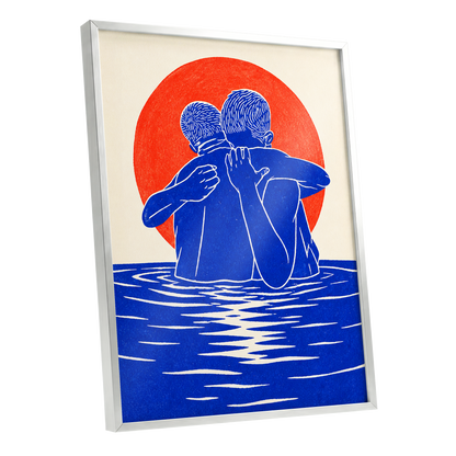 Embrace in Blue, blue, red, beige minimalist wall art shown as a silver framed poster wall art print