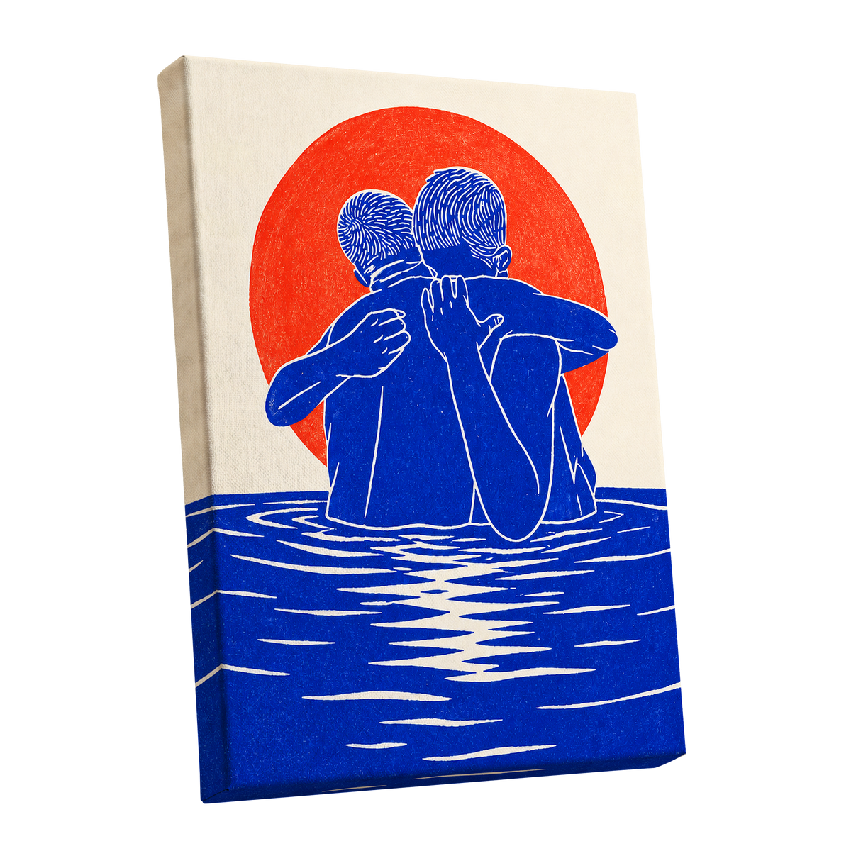 Embrace in Blue, blue, red, beige minimalist wall art shown as a stretched canvas wall art
