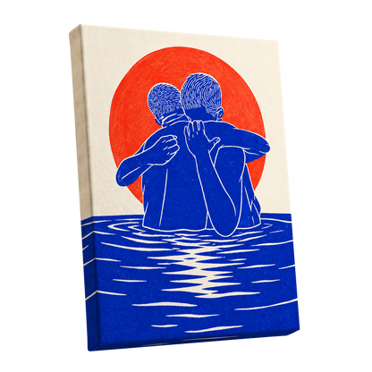 Embrace in Blue, blue, red, beige minimalist wall art shown as a stretched canvas wall art