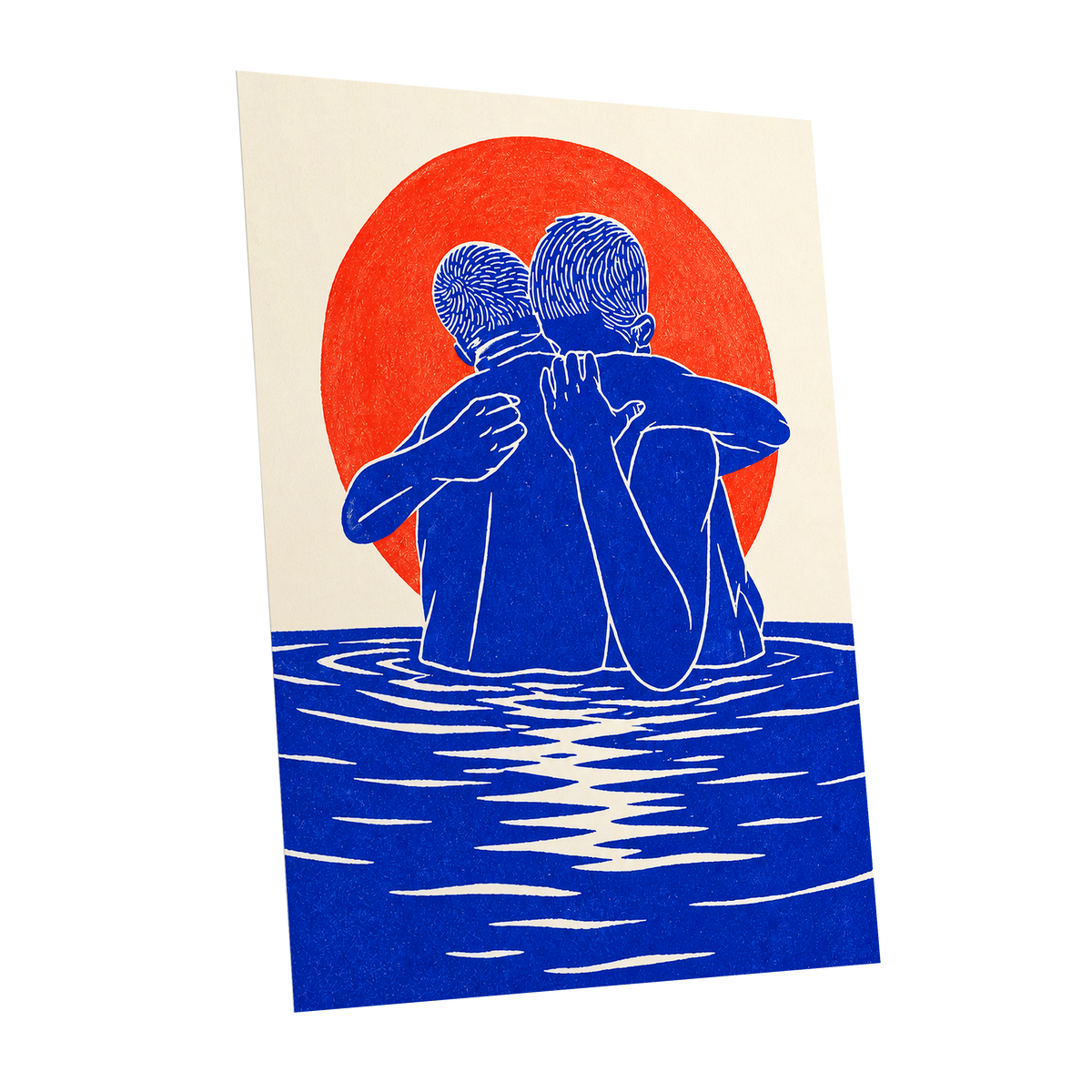 Embrace in Blue, blue, red, beige minimalist wall art shown as a unframed poster wall art print