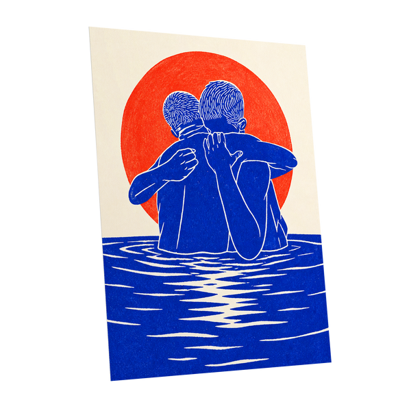 Embrace in Blue, blue, red, beige minimalist wall art shown as a unframed poster wall art print