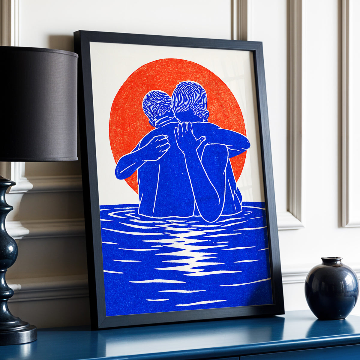 Embrace in Blue, blue, red, beige minimalist wall art displayed in a styled interior, gallery view 2