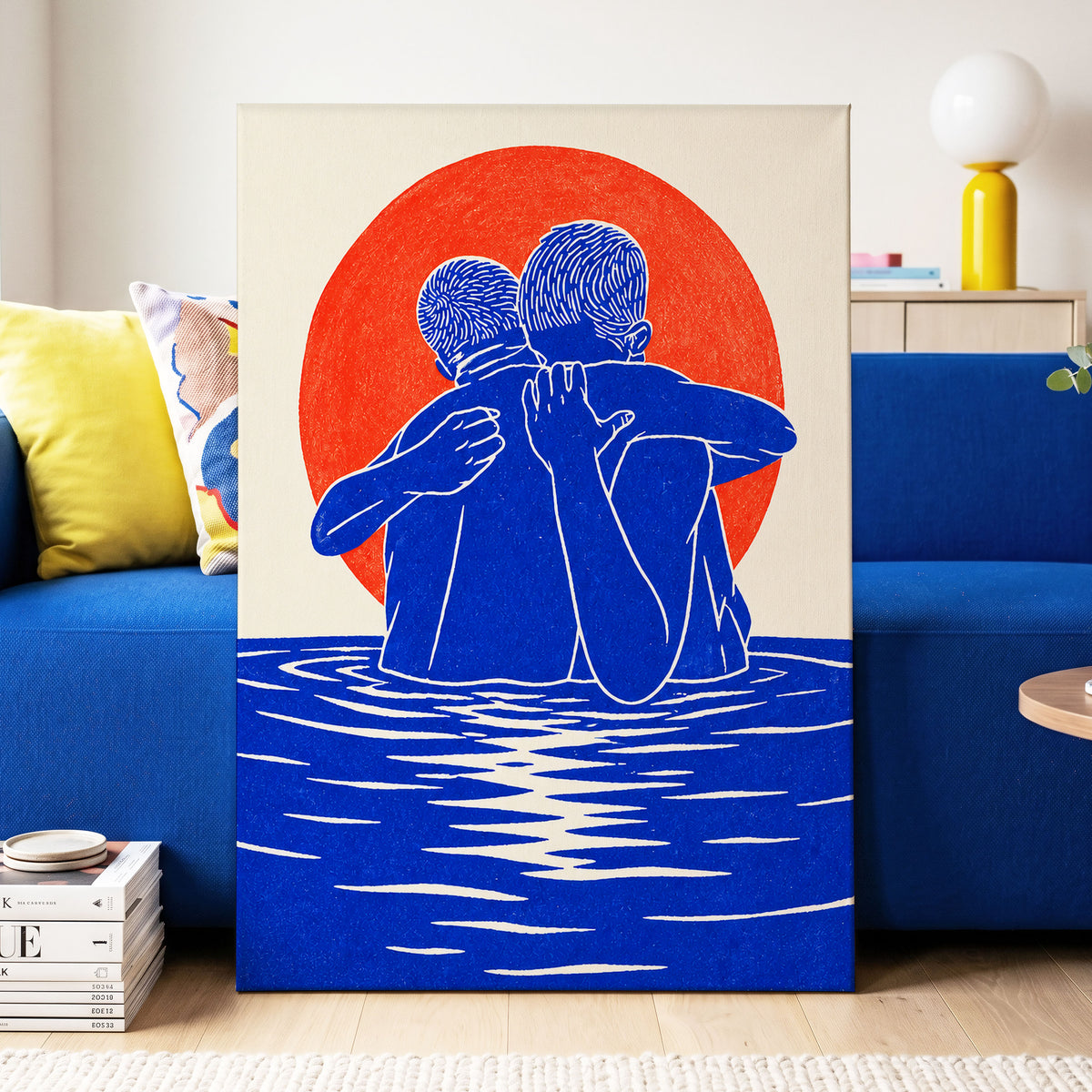 Embrace in Blue, blue, red, beige minimalist wall art displayed in a styled interior, gallery view 3