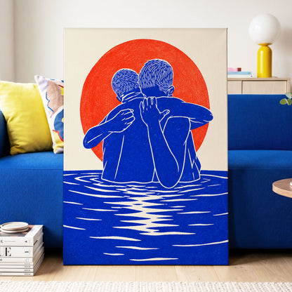 Embrace in Blue, blue, red, beige minimalist wall art displayed in a styled interior, gallery view 3