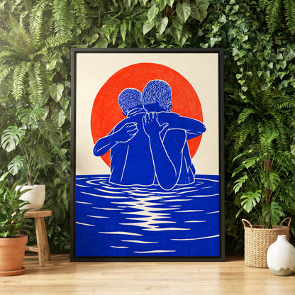 Embrace in Blue, blue, red, beige minimalist wall art displayed in a styled interior, gallery view 4