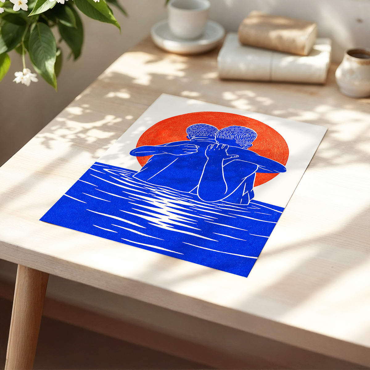 Embrace in Blue, blue, red, beige minimalist wall art displayed in a styled interior, gallery view 5
