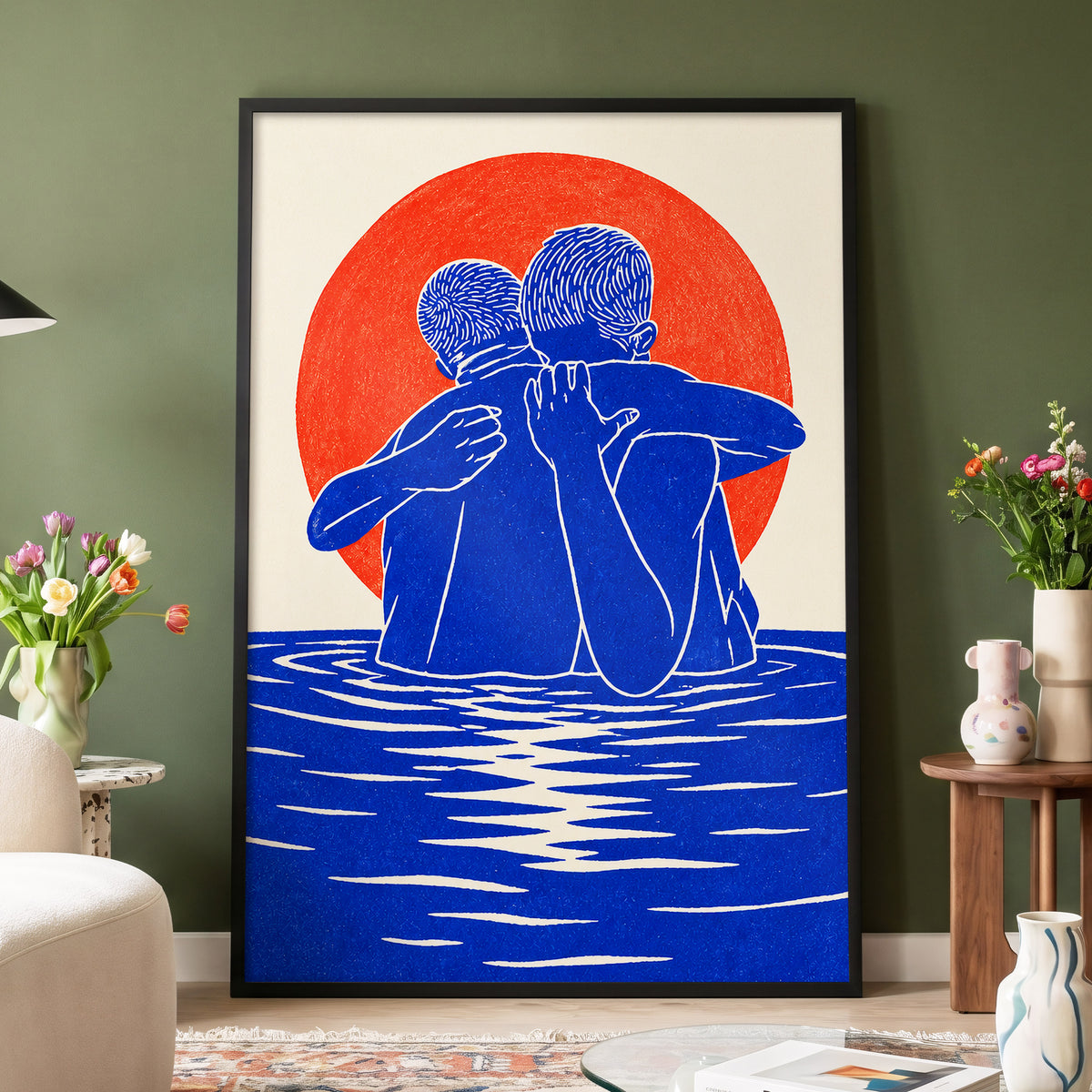 Embrace in Blue, blue, red, beige minimalist wall art displayed in a styled interior, gallery view 6