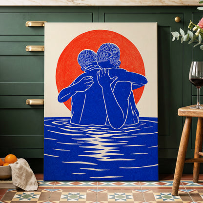 Embrace in Blue, blue, red, beige minimalist wall art displayed in a styled interior, gallery view 7