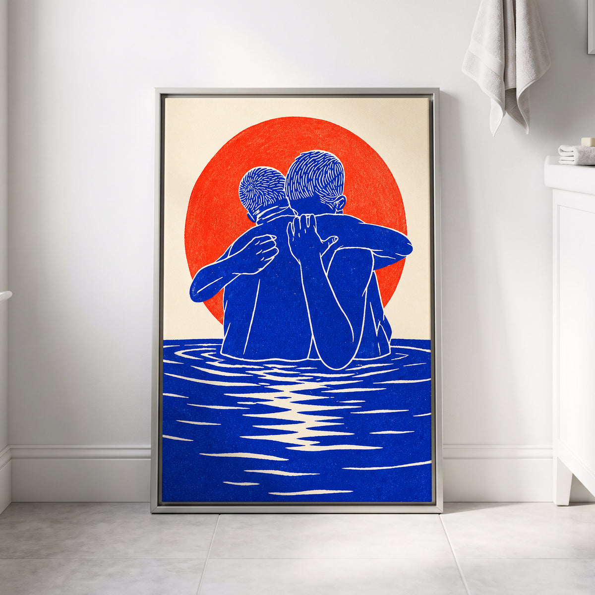 Embrace in Blue, blue, red, beige minimalist wall art displayed in a styled interior, gallery view 8