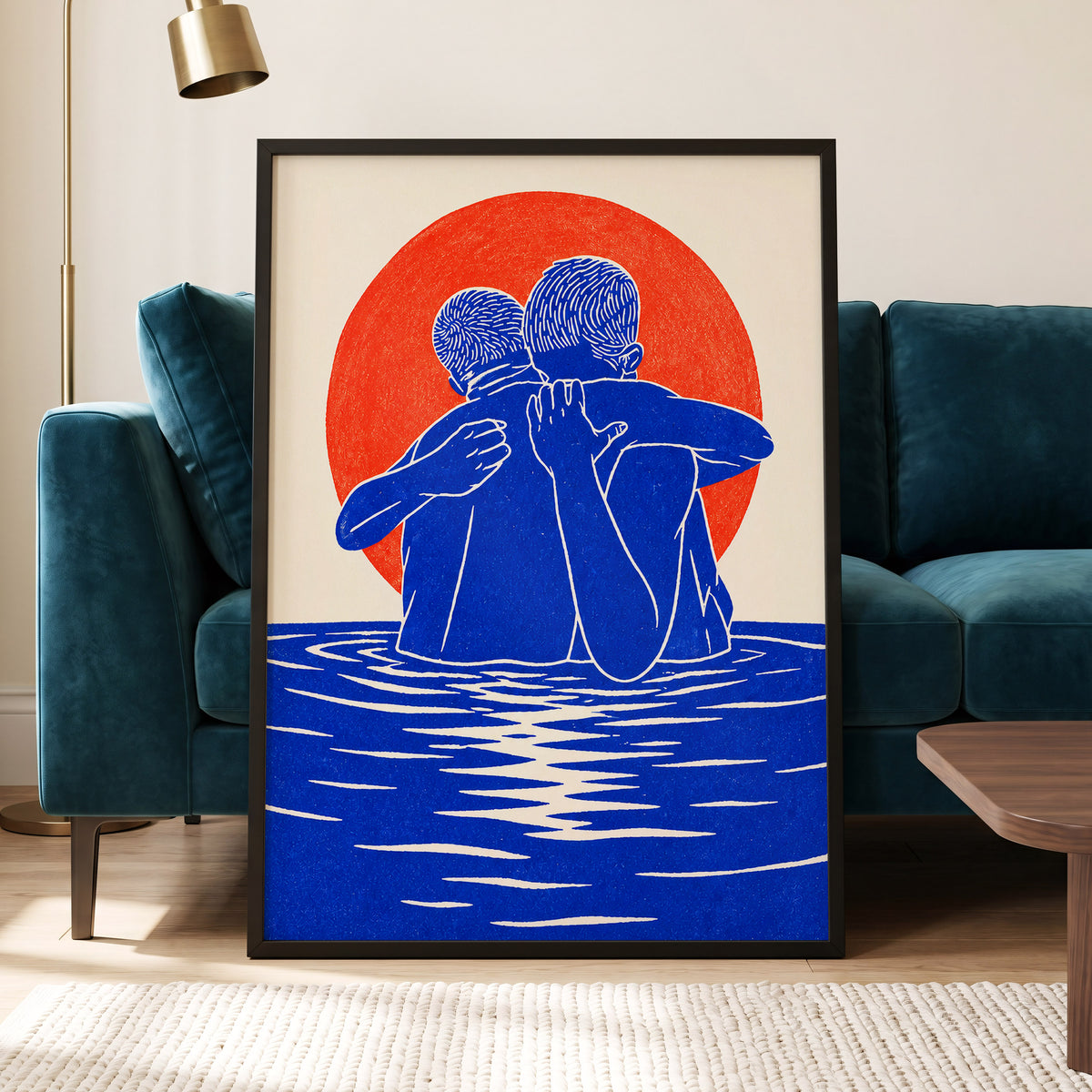 Embrace in Blue, blue, red, beige minimalist wall art displayed in a styled interior, gallery view 9